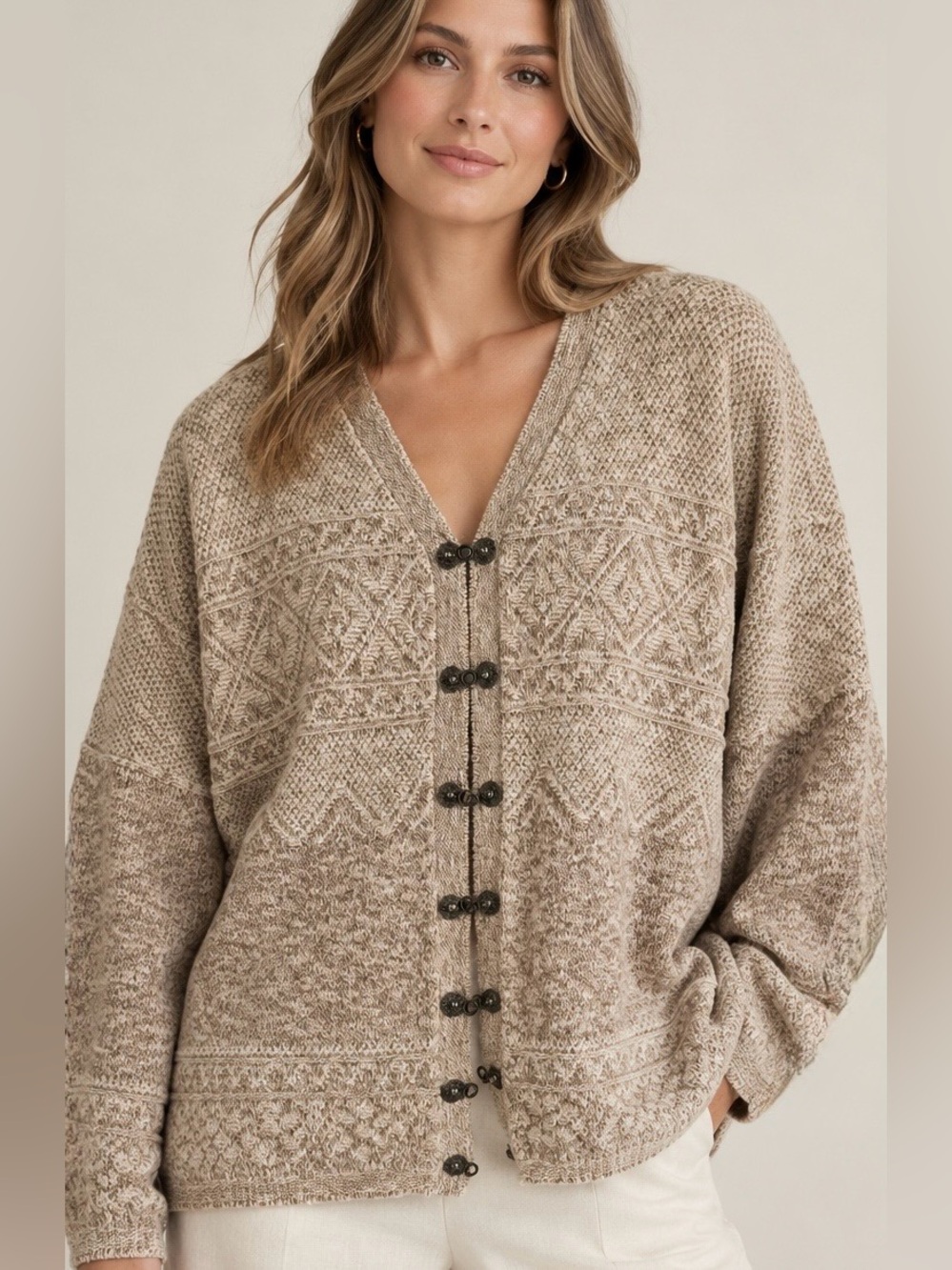 Vintage Traditions Textured Beige/Tan Women's Knit Cardigan with Toggle Closures